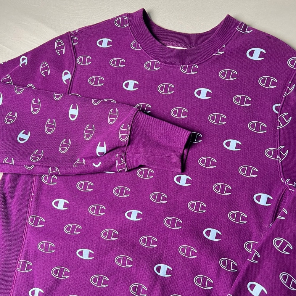 Champion Reverse Weave Purple All Over Print Logo Sweatshirt S2973 Mens Small